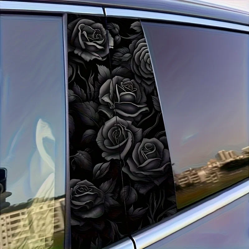 

TT008-2pcs Black Rose Car Decal - Elegant Self-Adhesive Vinyl B Window Post Sticker, Glossy Surface, Easy to