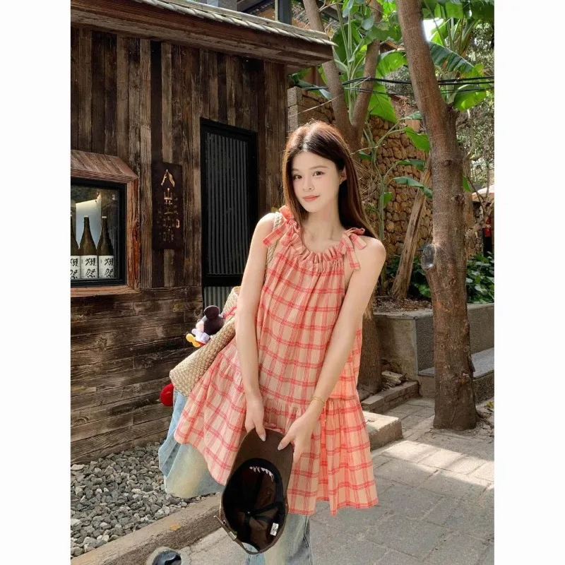 Women Clothing Summer Casual Korean Fashion Plaid Contrasting Colors Female All-match Fashionable Ruffles Drawstring Casual Dres