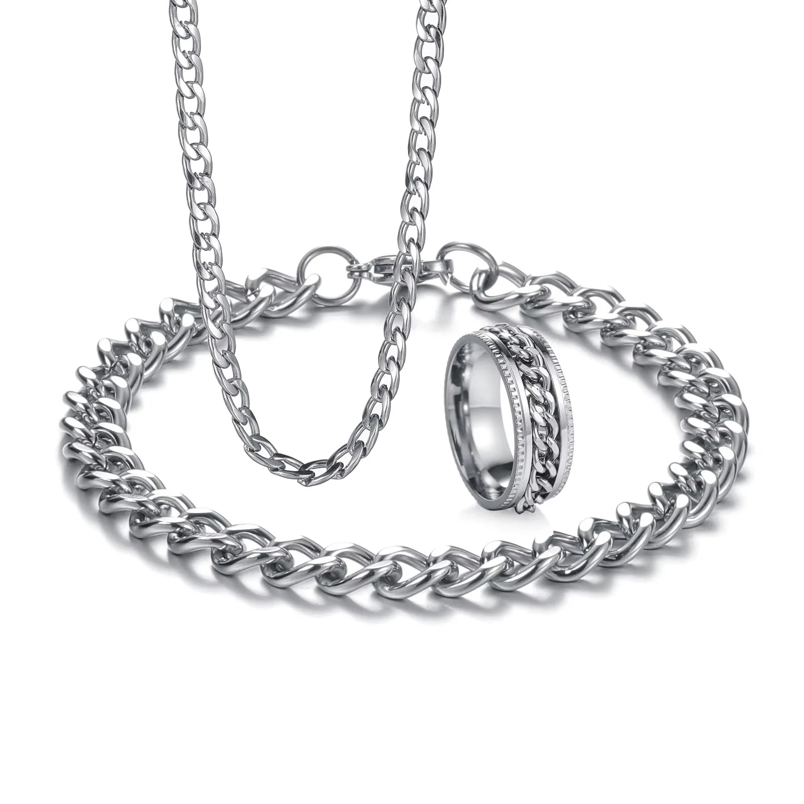 Fashion Simple 3 PCS Stainless Steel Jewelry Sets Cuban Chains Necklace Bracelet Ring Set Men Jewelry