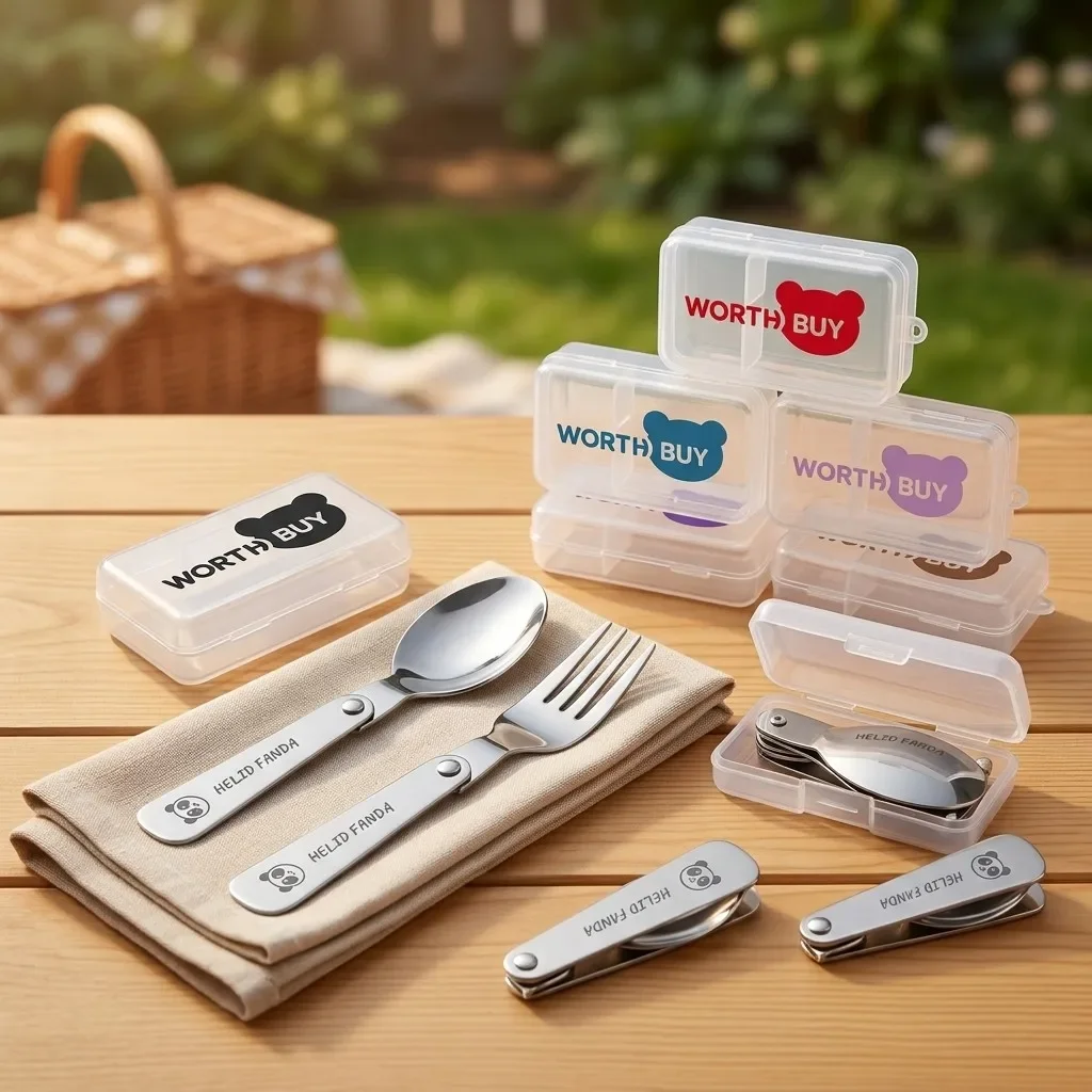 Portable Foldable Tableware 304 Stainless Steel Fork Spoon With Cutlery Box Kids Students Cute Picnic Folding Dinnerware Set