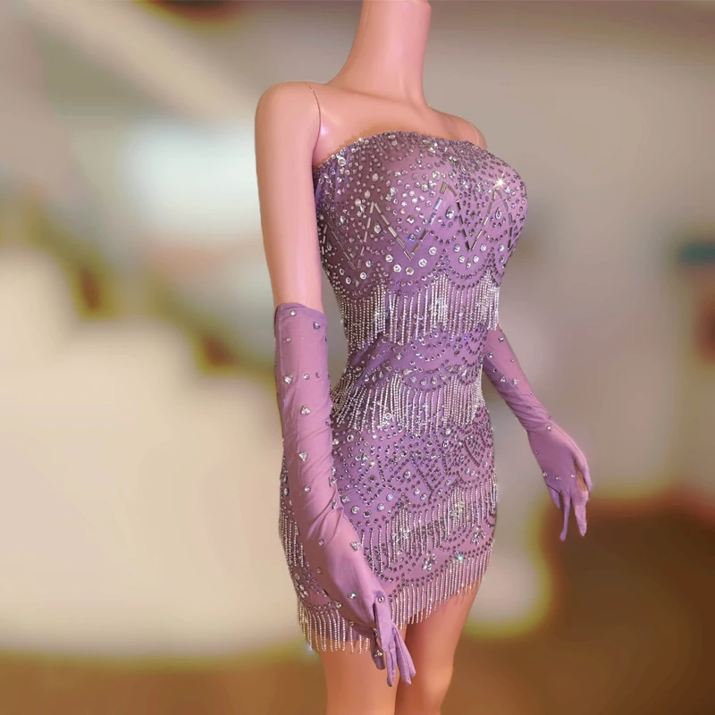 GKnitting Dancer Costume for Women, Purple bal inestones Festival Outfit, Bar, Nightclub, Ds Dj Party, Evening fur ses, Stage Wear, Sexy, XS8554