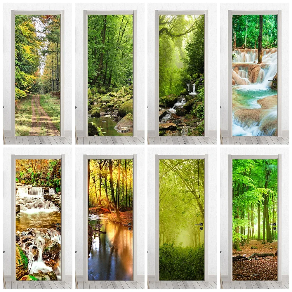 

Natural Jungle Forest Door Mural Sticker Waterproof Home Decoration Removable Waterfall Lake Scenery Door Wrap Cover