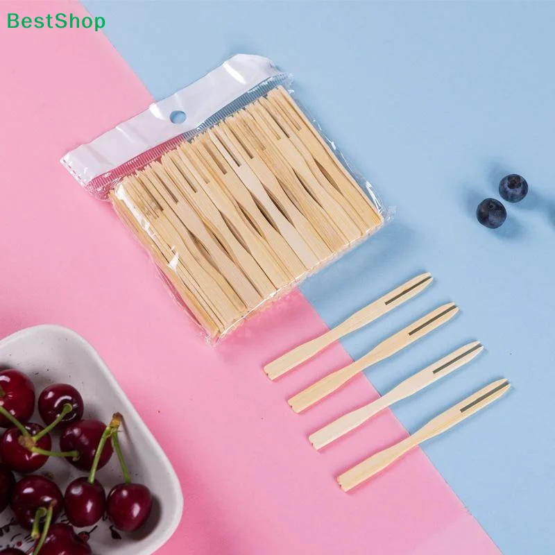 〔G〕100Pcs Disposable Bamboo Fruit Fork Two Prong Wooden Fruit Picks Sturdy Dessert Fork For Party Cake Fruit Serving