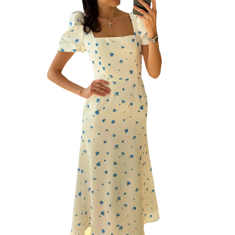 Zomer Vierkante Hals Bloemenprint Jurken Vrouwen Casual Strand Korte Mouw Elegant Feest Flowy Midi Jurk