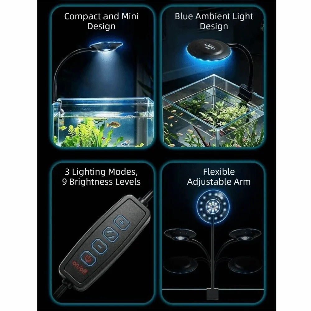 UFO Shape Fish Tank Clip Lamp Flexible Stem Color-changing Aquarium Decorative Light USB-Plug Adjustable Brightness