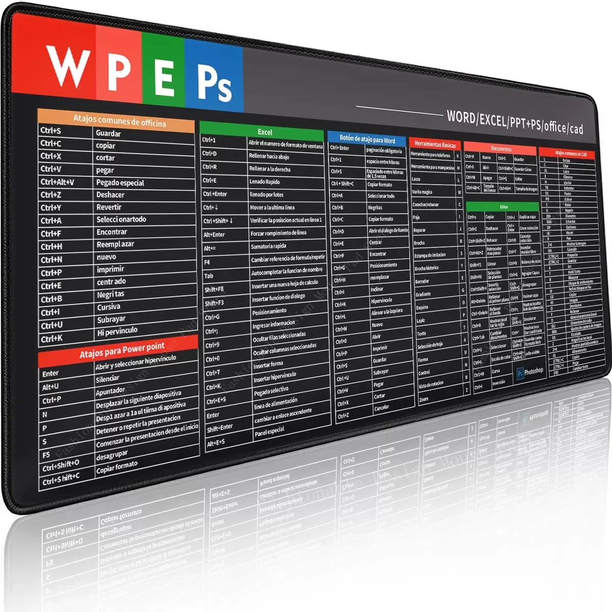 Alfombrilla de ratón con teclas de acceso directo de oficina Español, alfombrilla de escritorio para Word PPT CAD Photoshop, usuarios de oficina, alfombrilla de ratón con hoja de trucos Excel