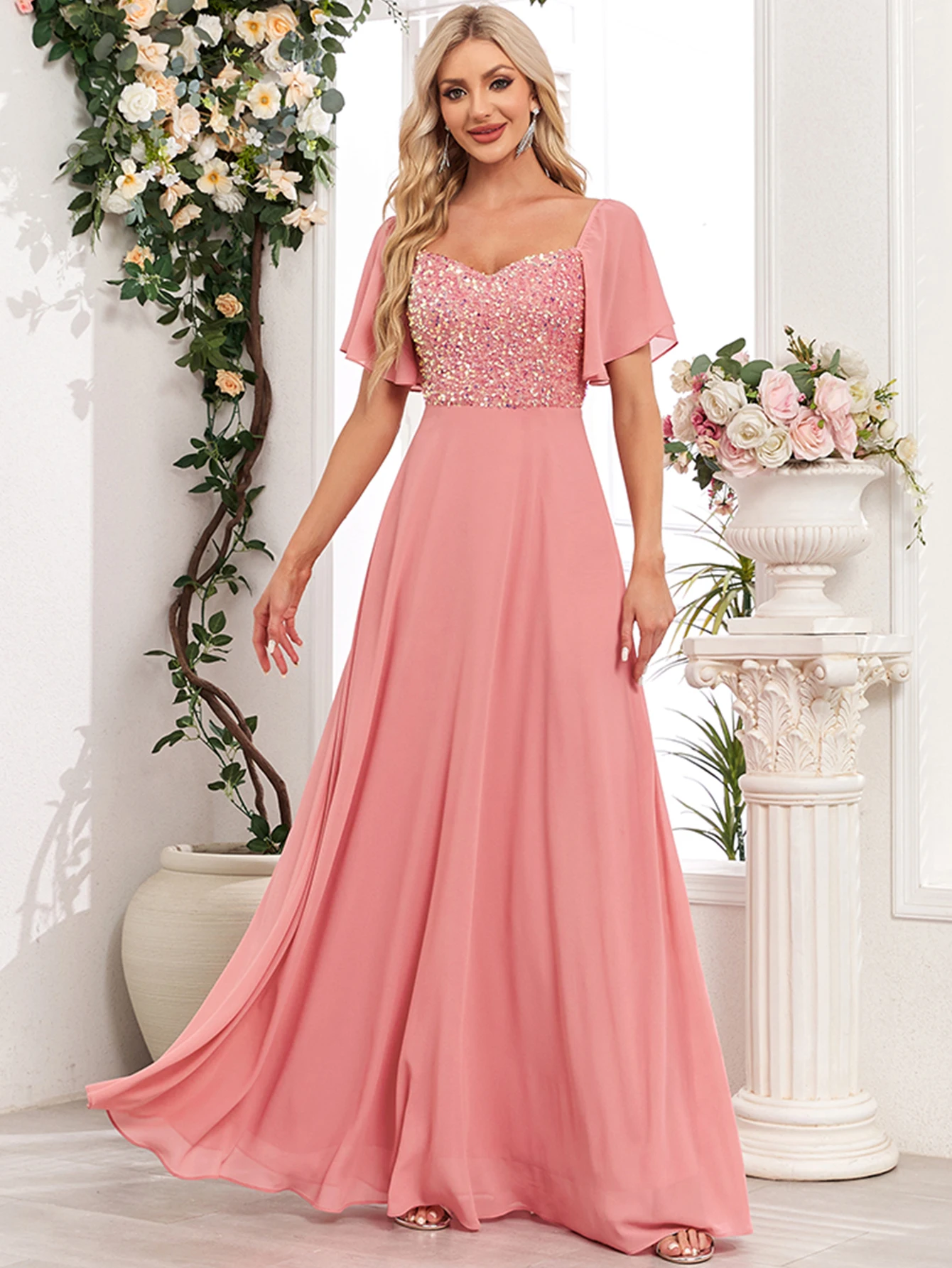 Sexy backless pink Chiffon long dresses women elegant luxury wedding prom evening dresses women sequin maxi summer dress vestido