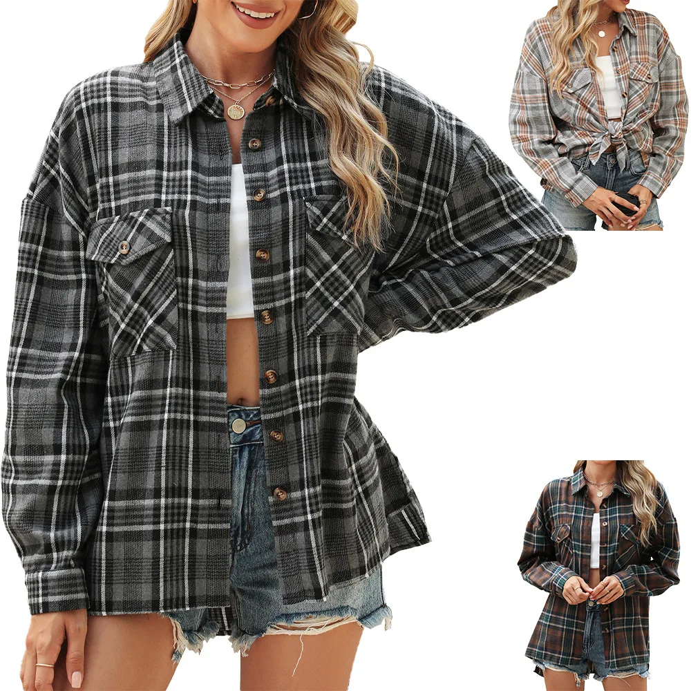 가을 여성 긴팔 체크 프린트 라펠 신상 셔츠 자켓 탑 여성 버튼 포켓 루즈 오피스 출퇴근 우아한 셔츠