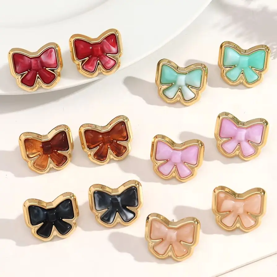 Trend Golden Frame Bowknot Acrylic Stud Earrings Sweet Multicolor Marble Texture Bow Shape Stud Fashion Ear Jewelry Gift