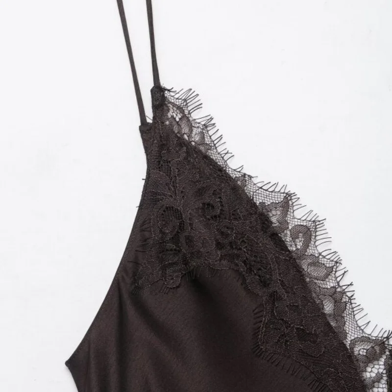 Robe d'été asymétrique en Satin et dentelle pour femmes, tenue élégante, col en v, bretelles Spaghetti, robe de soirée en boîte de nuit