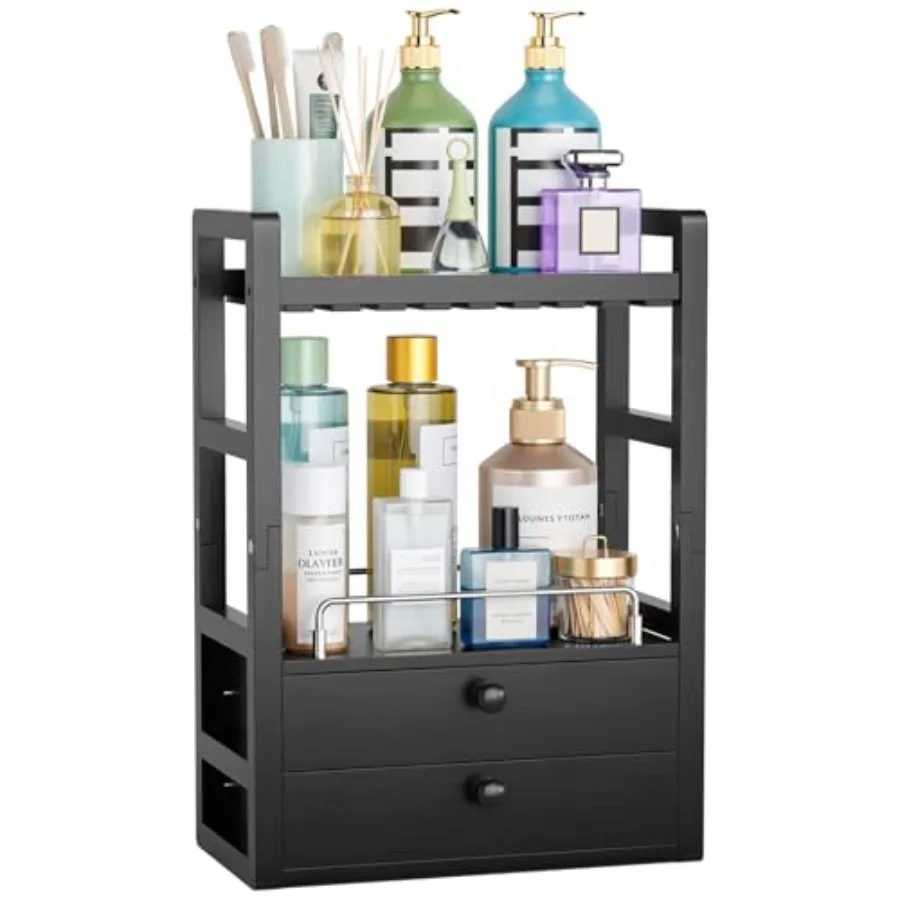 

Bamboo Bathroom Countertop Organizer, 2-Tier Makeup Organizer with 2 Drawers, Vanity Organizer Storage Coffee Matcha Station, C