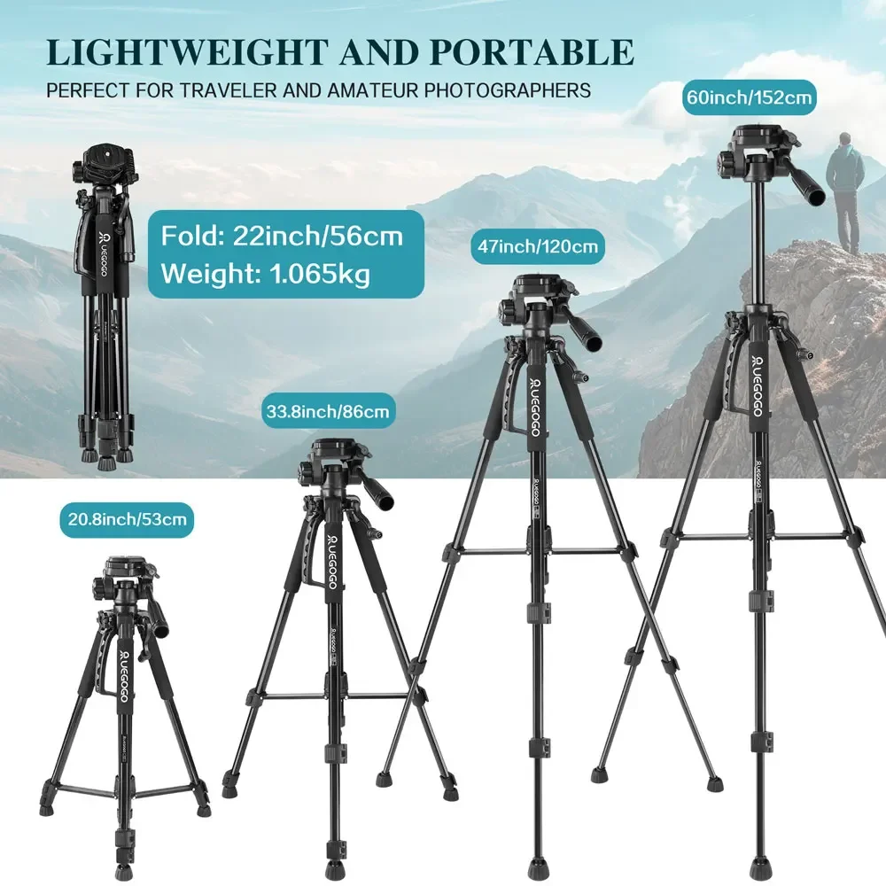 UEGOGO Q150 Phone Travel Tripod Aluminum 150cm Professional Video Recording Camera Photography with Quick Plates Mount Pan Head