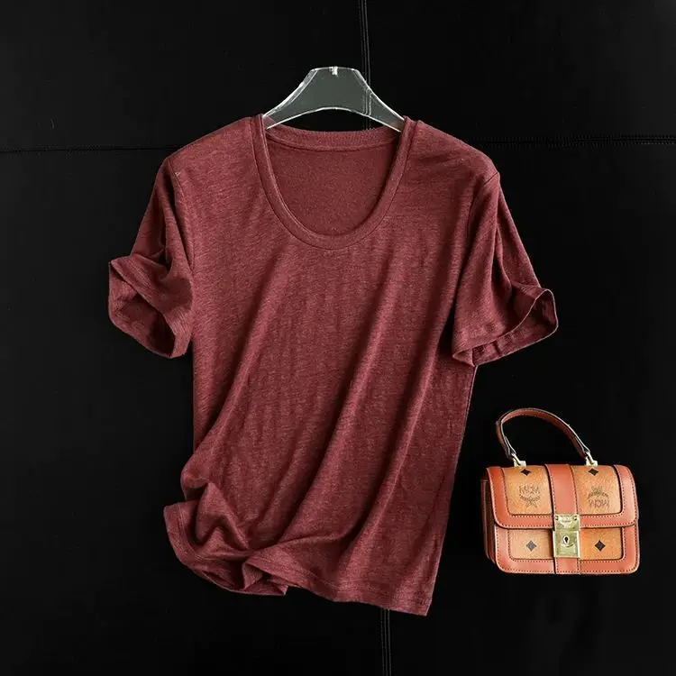 Dave&di Linen Slimming U-neck Loose Casual Short Sleeved T-shirt Top For Women T-shirt Woman Clothes Female Clothing