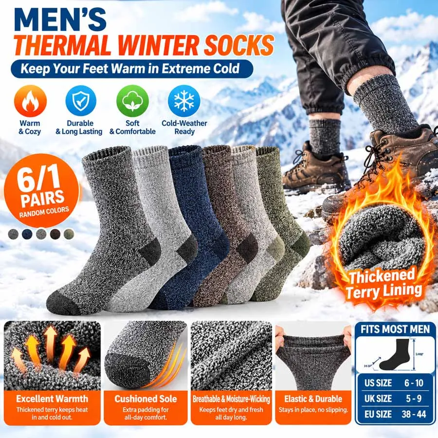 Cycling Fishing Hiking Winter Socks 1/6PCS, Men Thick Terry Cold Resistant Warm Socks Size 36-43 Random Color