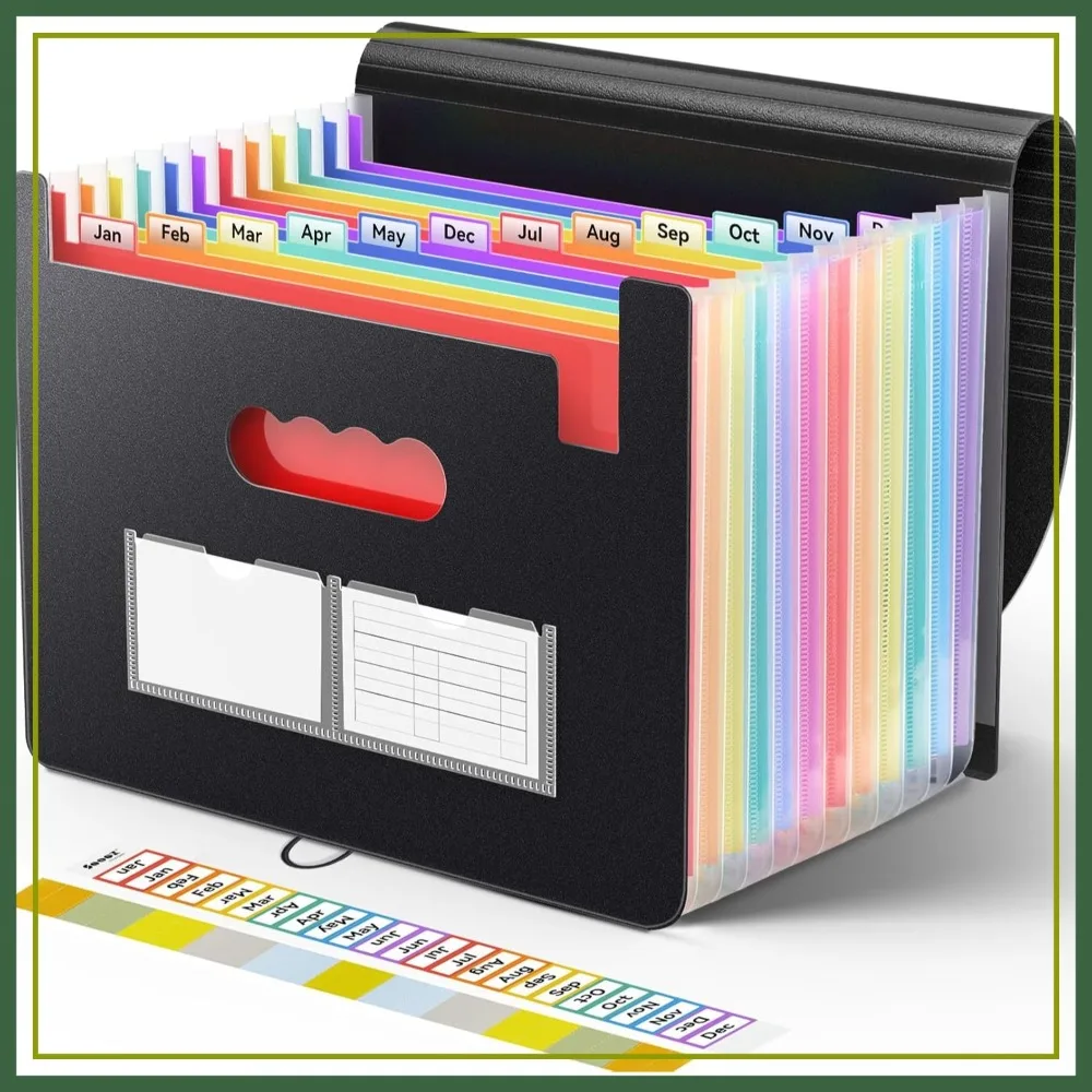 

13 Pockets Accordion File Organizer, Expanding Folder for Bills, Receipts & Documents, A4/Letter Size, with Labels, Black