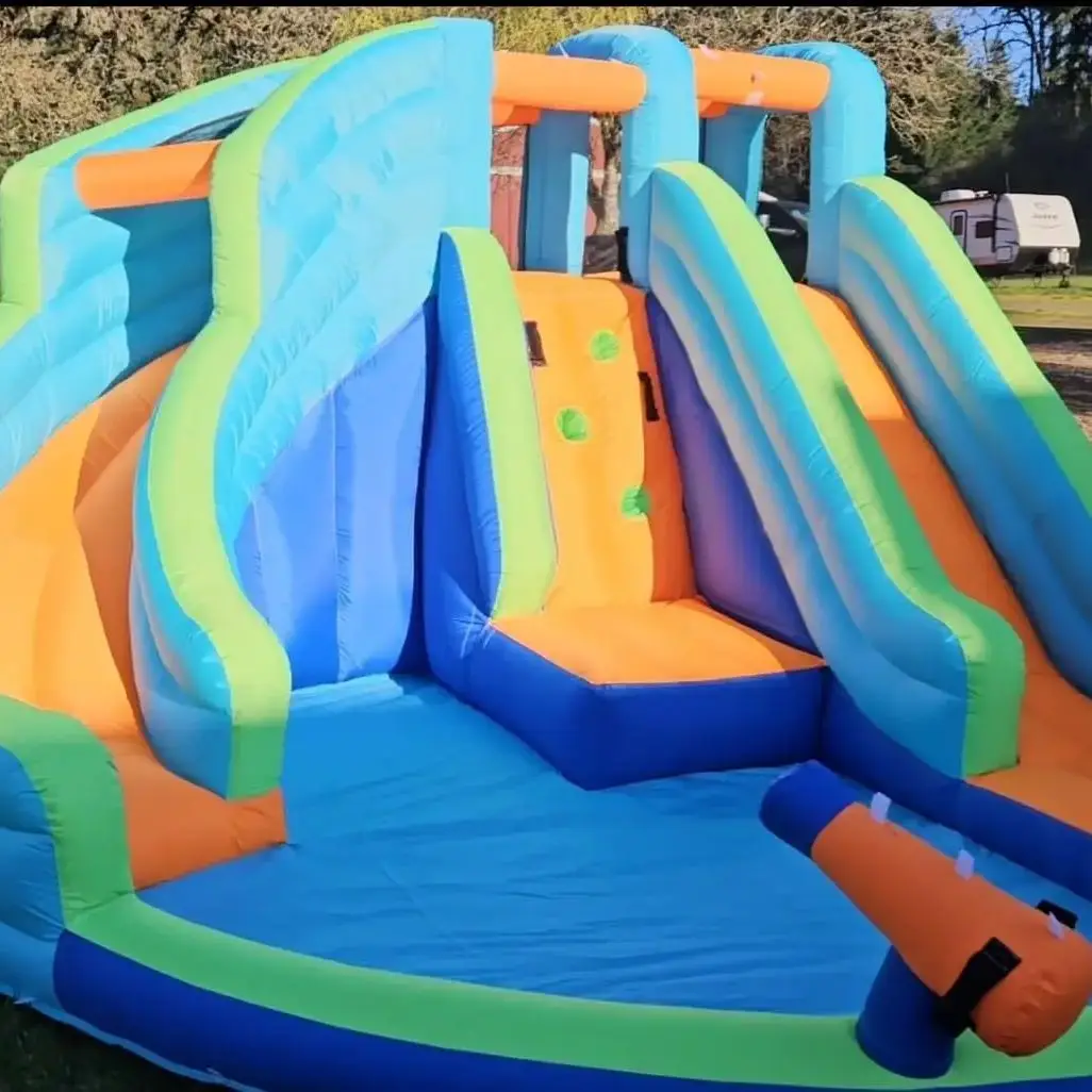 Tobogán inflable con PISCINA DE BOLAS para niños, parque acuático con secador de pelo, adecuado para interiores o exteriores húmedos y secos, 2 toboganes