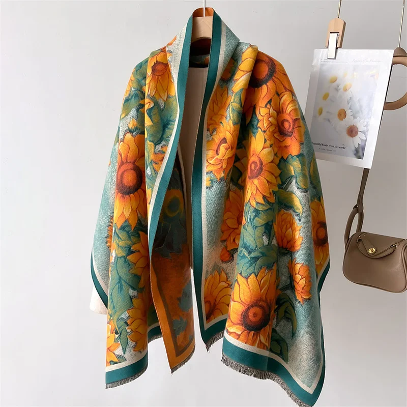 2024 Elegant Floral Painting Cashmere Scarf for Women Warm Winter Pashmina Shawl Foulard Femme Blanket Scarves Wraps