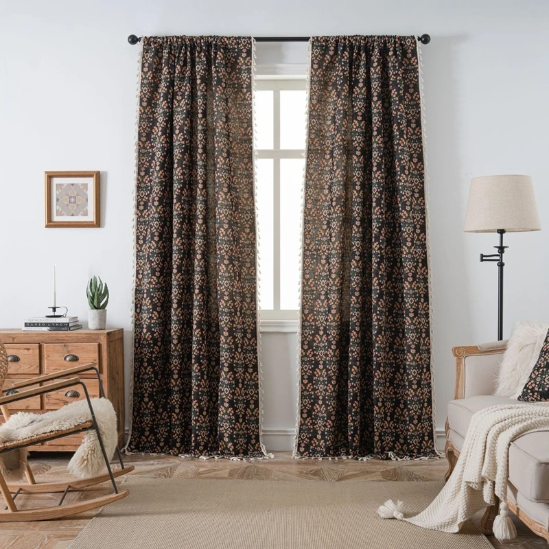 Living Room Bedroom Curtains Black Jacquard Flower Fringe Curtain Finished Kitchen Valance Bay Window Semi-shading Decoration