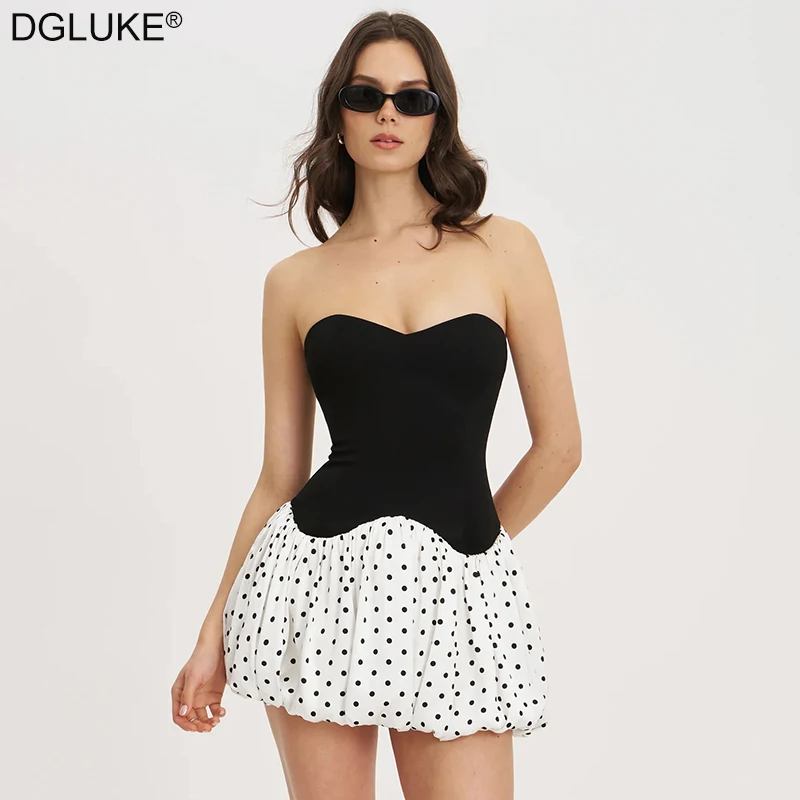 فستان قصير بدون حمالات متباين من DGLUKE فستان صيفي منقط أبيض وأسود بحاشية فقاعية فستان قصير للحفلات الراقصة