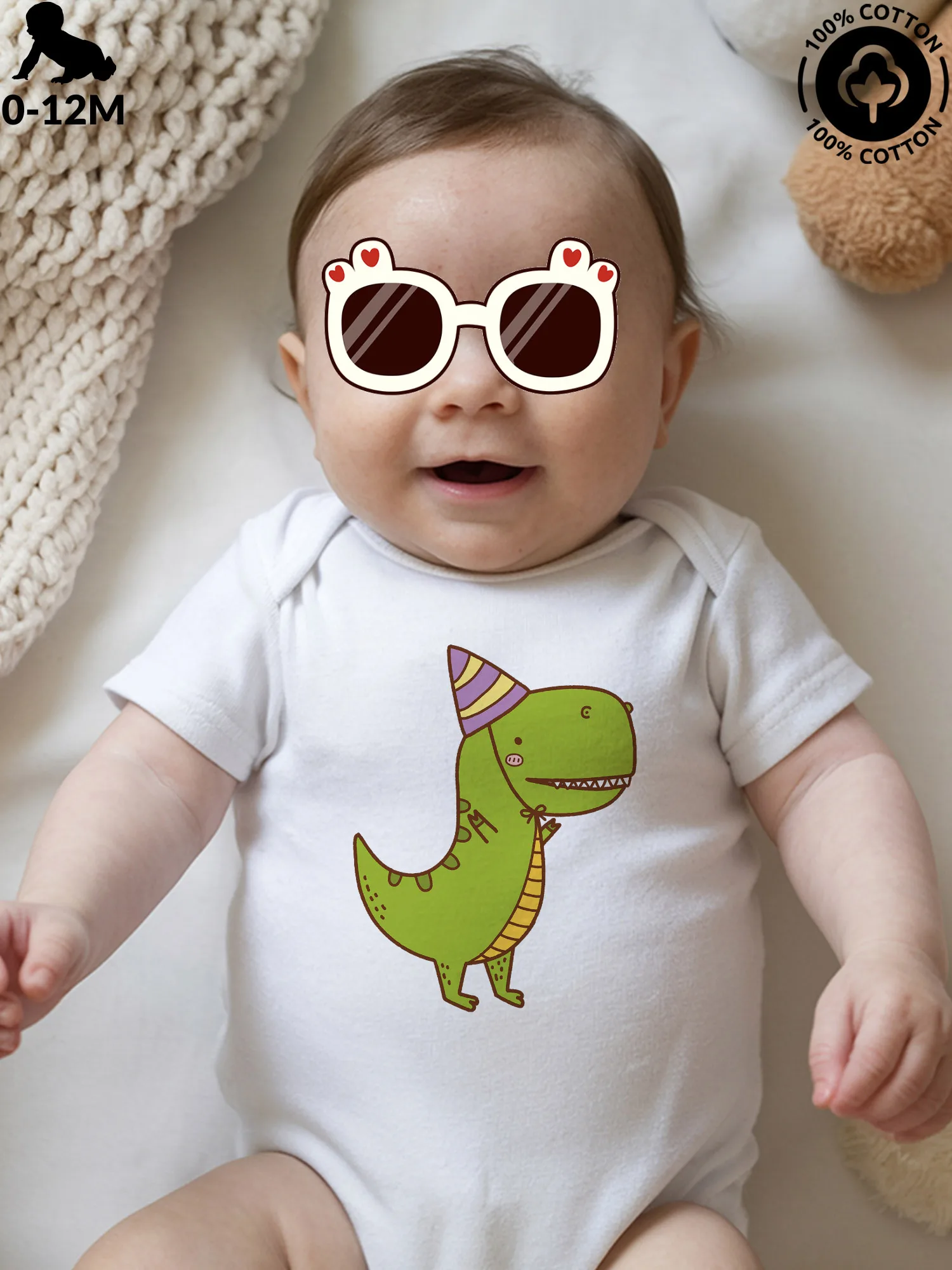 

Birthday Dinosaur Unisex Baby Crawling Suit, Pure Cotton Soft Onesie, All-Season Wear White Bodysuit 190GSM