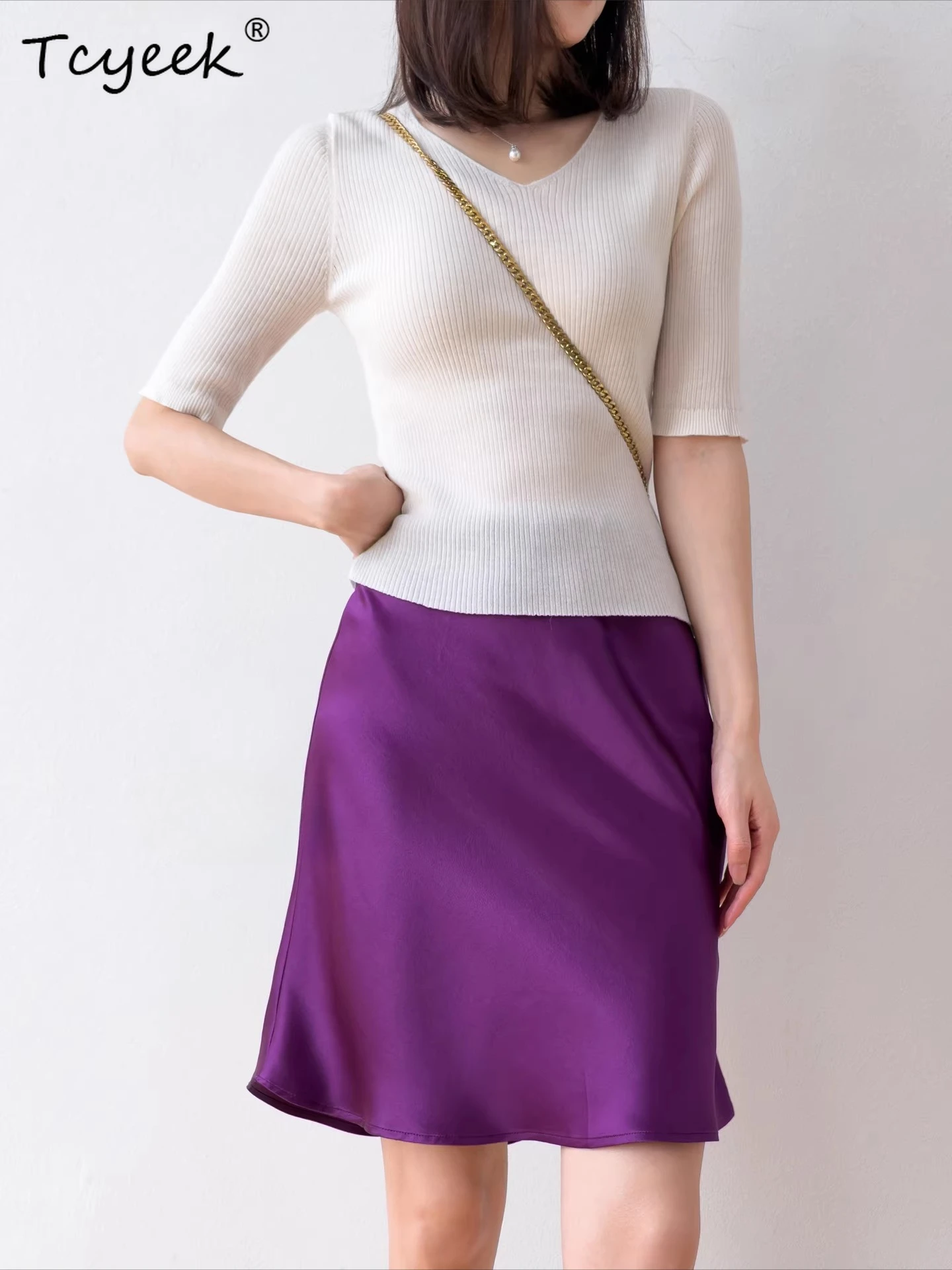 Tcyeek 100% Real Mulberry Silk Skirt Woman Clothes Fashion Summer Skirt 30MM Silk Elegant Skirts for Women Slim Fit Юбка Женская