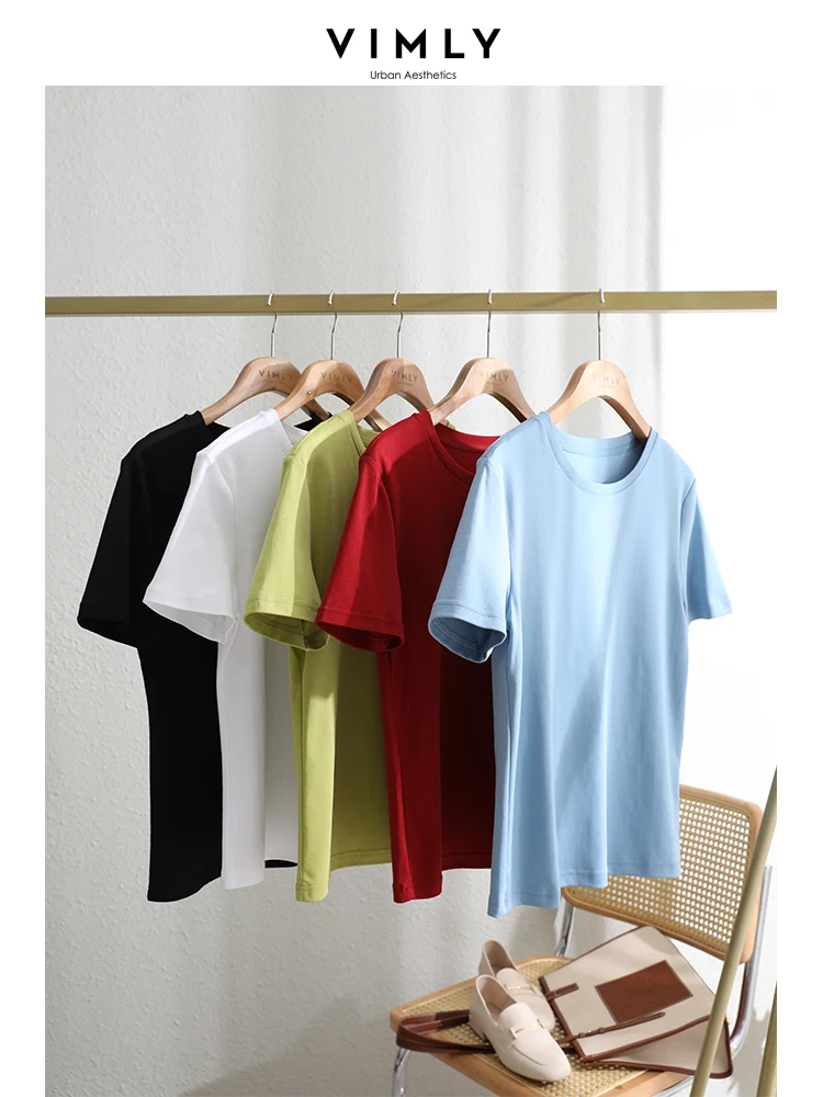 Vimly Simple Summer T Shirts for Women 2023 Basics Casual Loose Straight  Cotton 100% Tees Short Sleeve O Neck Tops Streetwear