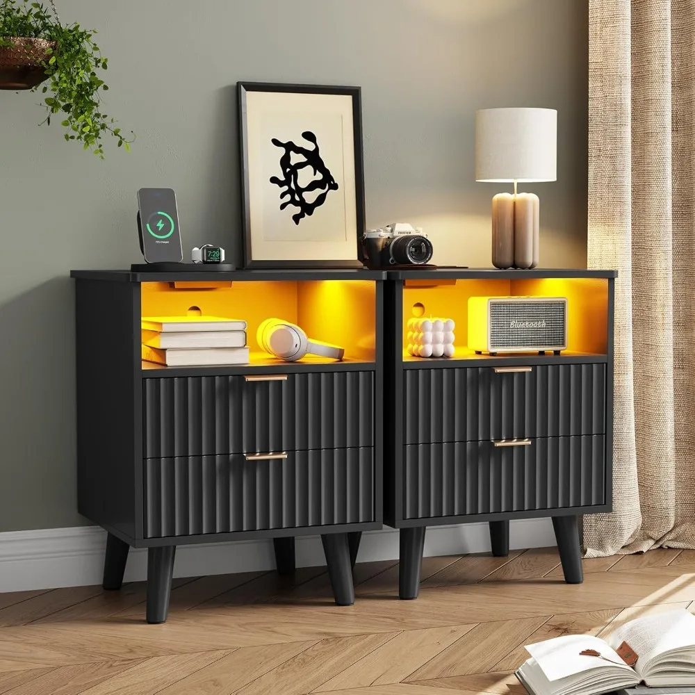 

Nightstand Set of 2 with Charging Station, Black LED Nightstand with 2 Drawers and Open Storage Cubby, Modern Be