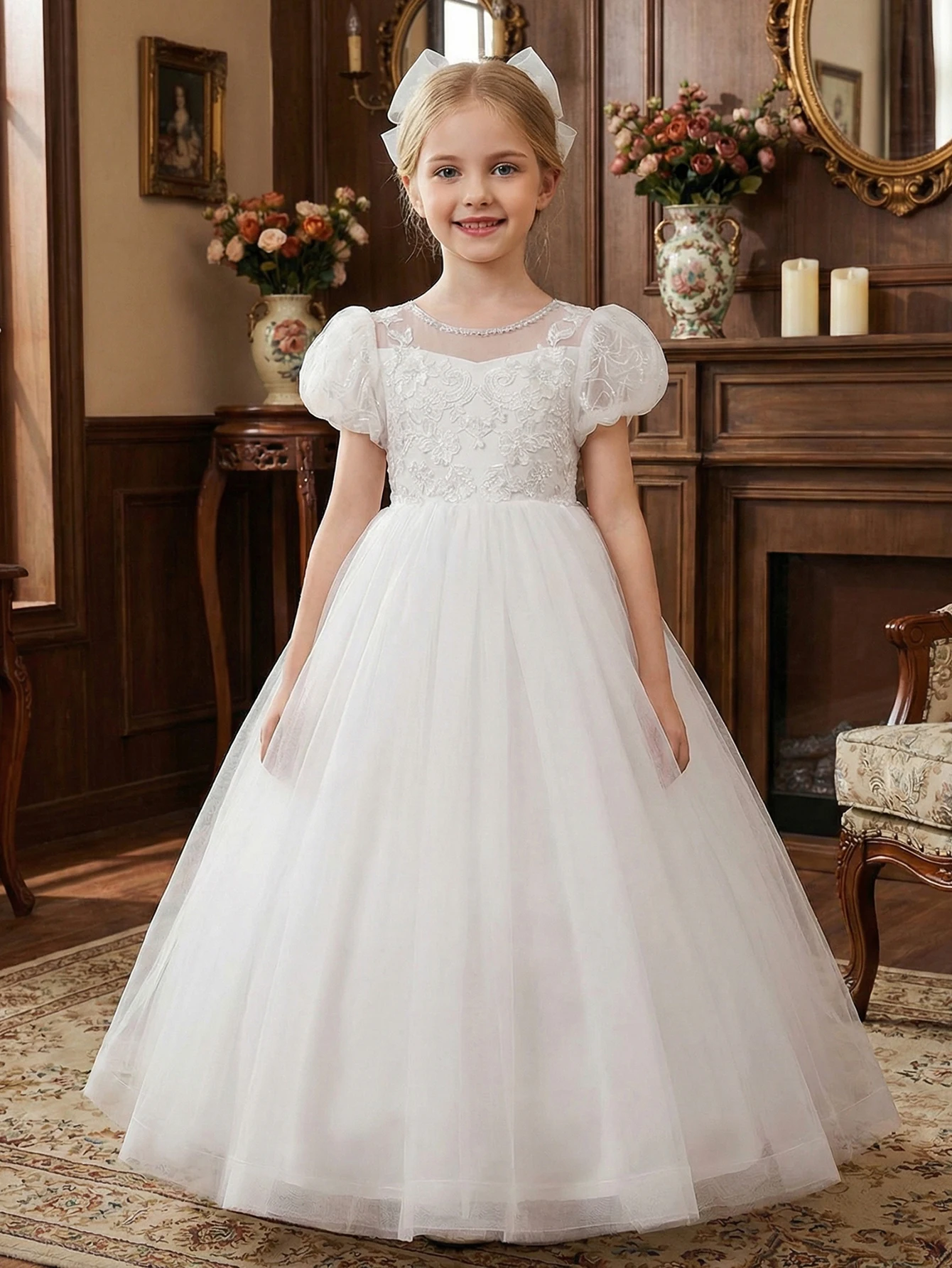 Tween Girl White Puffy Silk Skirt for Wedding Flower Peddler, Festival Dress, Birthday Party, Evening Banquet, Party Dress