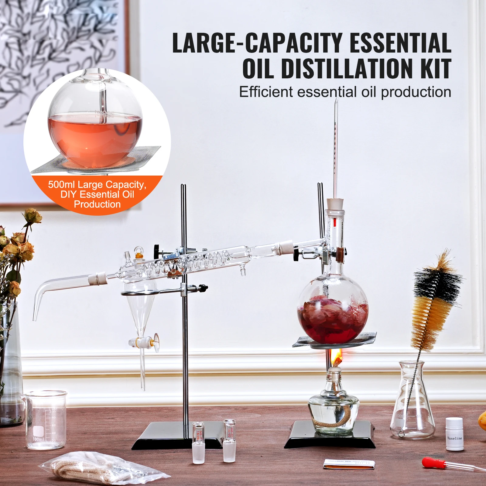 SucceBuy Essential Oil Distillation Kit 500/1000ML Distillation Apparatus 3.3Boro Lab Glassware Kit with Alcohol Lamp 24/40Joint