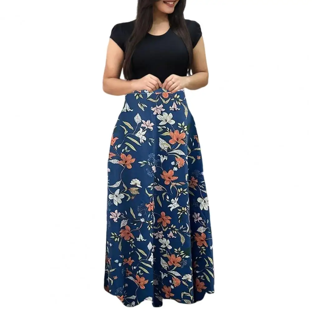 

Female Long Dress Floral Print Maxi Dress with Short Sleeves O Neck High Waist Breathable A-line Summer Dress for Dating