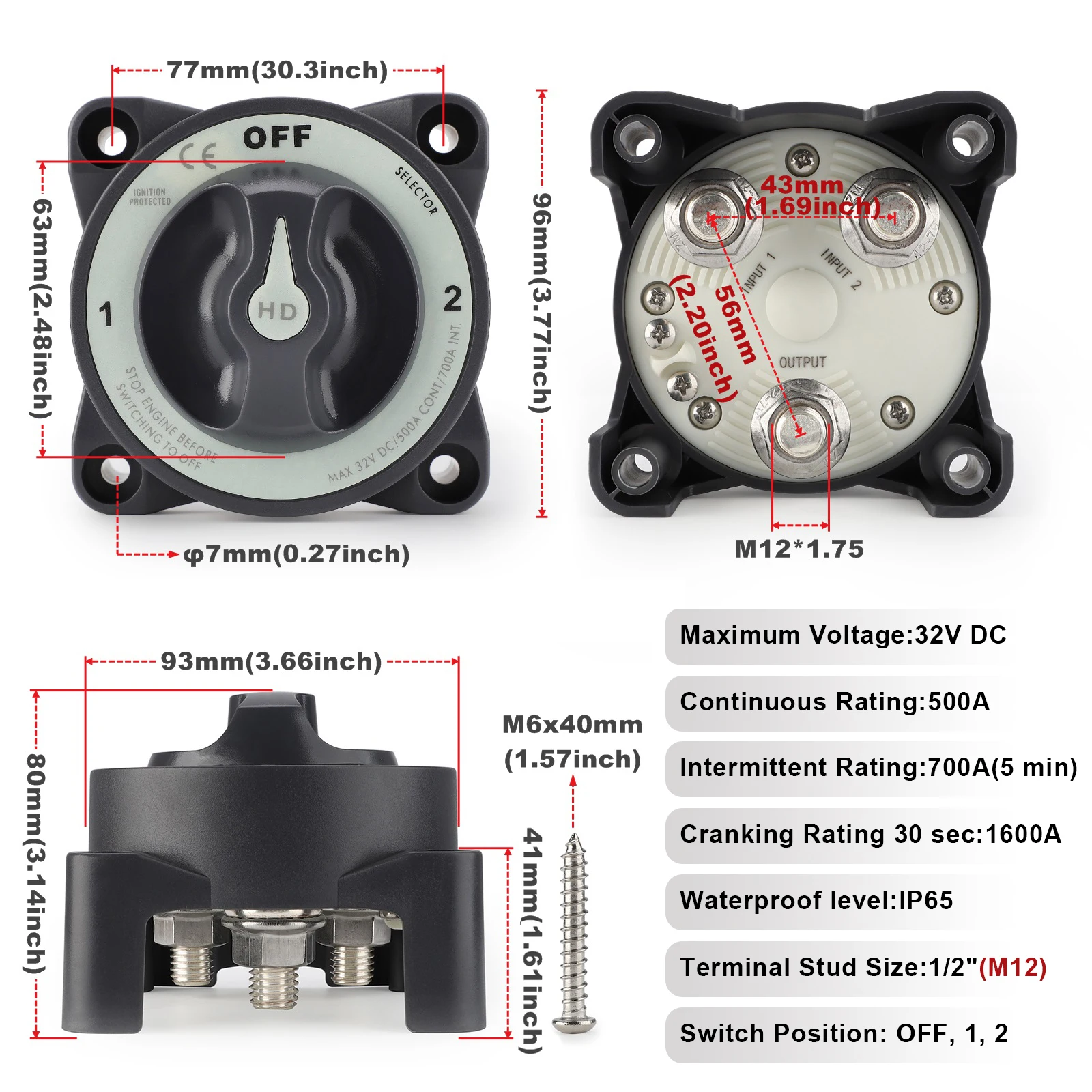 12-48V 500A 2 Battery Disconnect Switches AFD 3 Position Isolator Disconnect M12 Luminous Rotary Switch for Marine Boat Truck RV