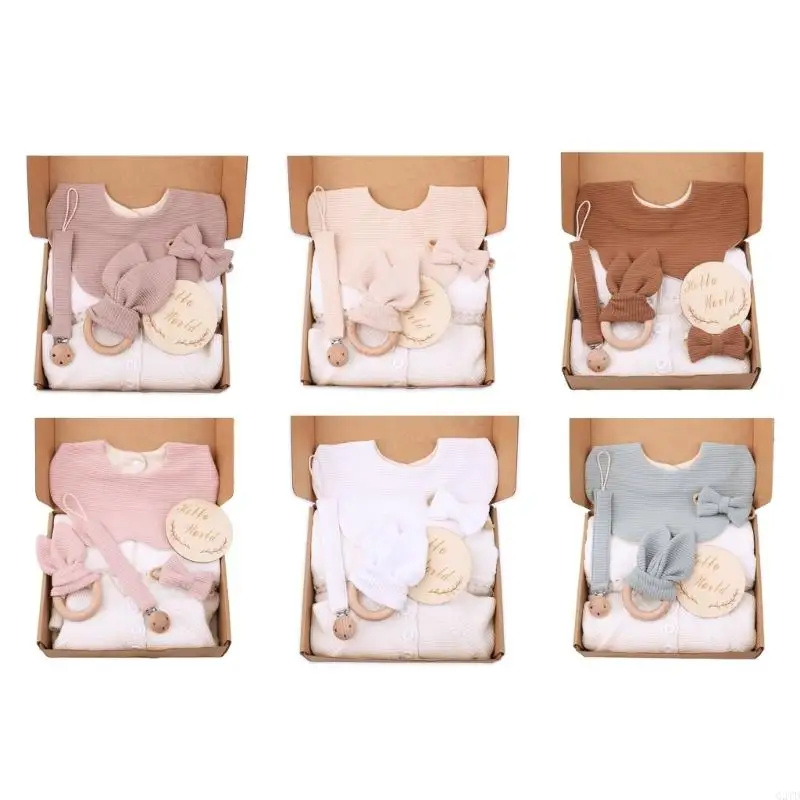 

Comfortable Infants Clothing Romper Burp Cloth Accessories Set, 6Pcs Newborns Shower Gift Box Pacifier Clip Chain Belt G2TD