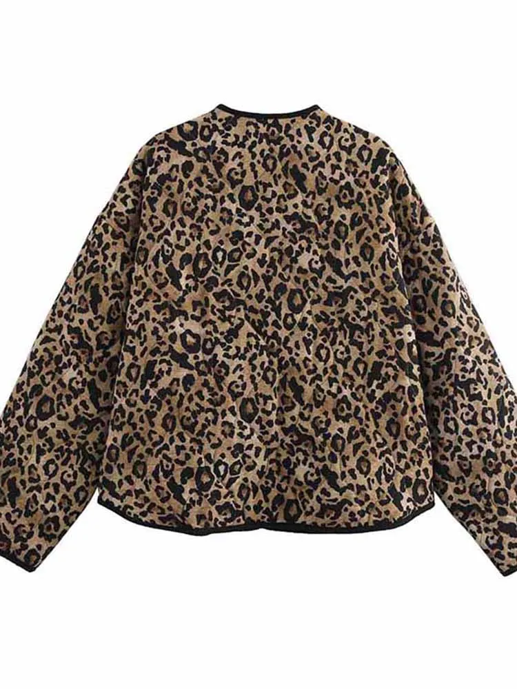 Vintage Leopard Cotton Coat Women Loose O-neck Long Sleeve Single Breasted Pockets Jacket 2024 Autumn New Lady Casual Outwear