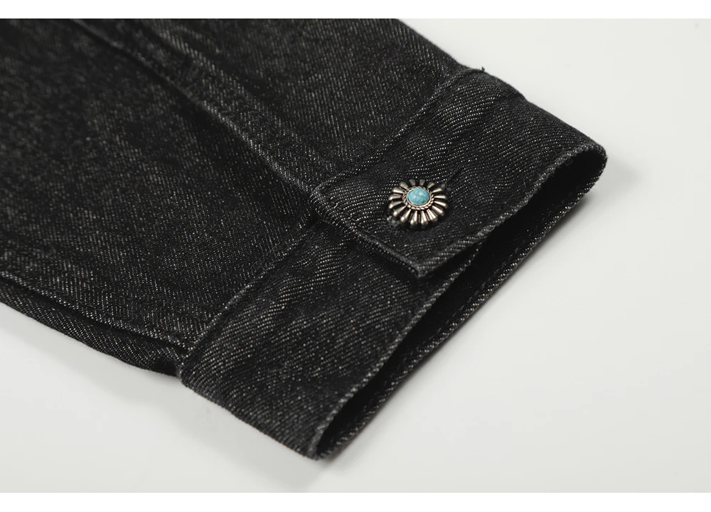 Herren Vintage-Jeansjacke mit Flugzeug-Schnalle, Türkis-Knopf-Mantel, lässige amerikanische Retro-Streetwear, schwarze kurze Oberbekleidung – Detail 12