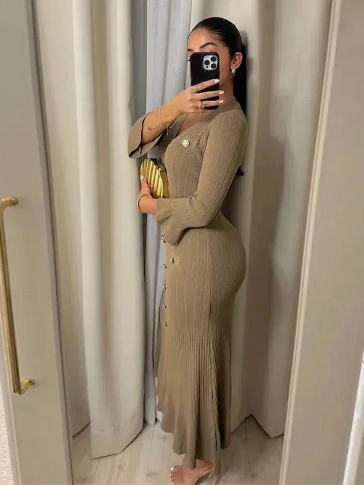 

Elegant Solid Knitted Long Dresses For Women Fashion V-neck Long Sleeve Single-breasted Dress Female New Office Lady Street Robe