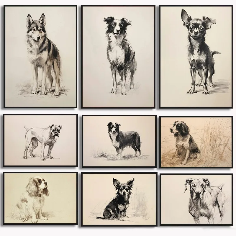 Retrato minimalista vintage para mascotas, lienzo impreso, lápiz de dibujo, póster de perro, Border Collie, Chihuahua, Husky
