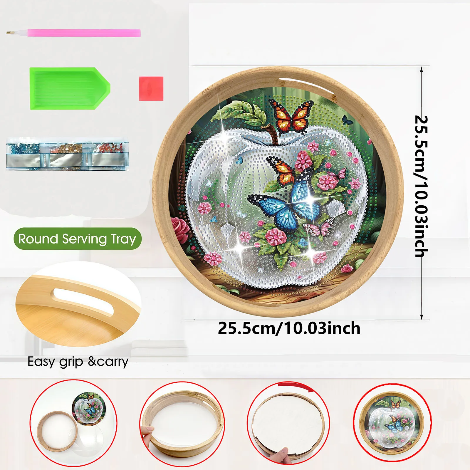 1 DIY Diamond Art Painting Set, Animal-Themed Handcrafted Wooden Round Tray, Suitable for Kitchen Storage Items