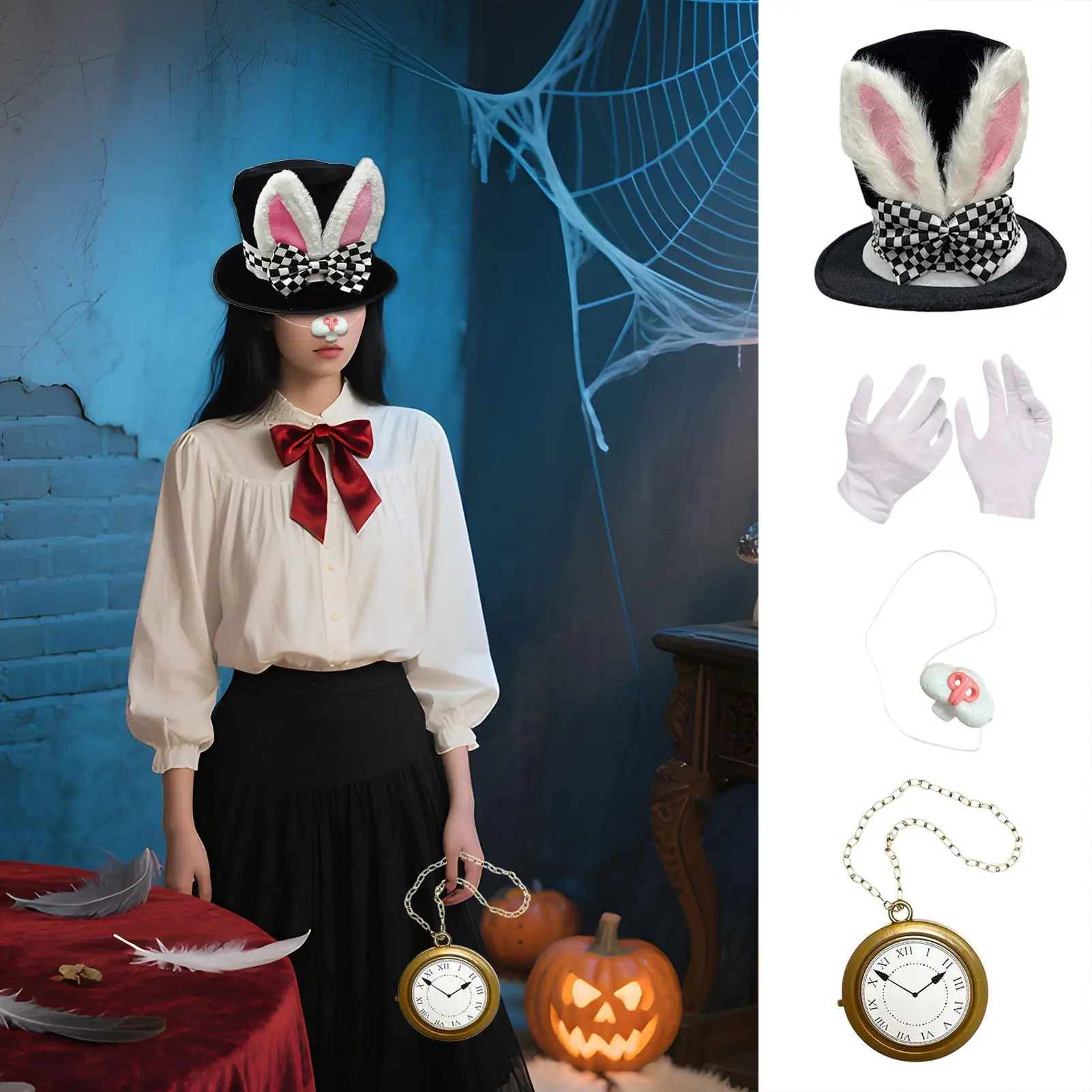 

Набор аксессуаров для костюма белого кролика, наряд кролика для косплея, аксессуары для костюма, 4 предмета, принадлежности для косплея на Пасху, Хэллоуин