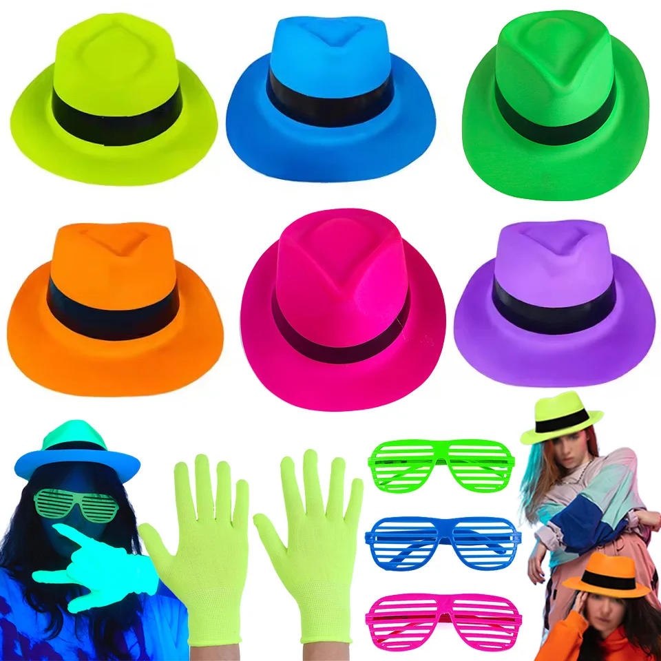 Neon Party Hats UV Blacklight Glow Party Decorations Fluorescence Plastic Hats for Kids Men Women Birthday Neon Party Supplies