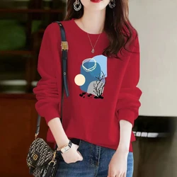 Spring Autumn Letter Cartoon Round Neck Printing Pullover Lantern Long Sleeve Hoodies Women's Clothing Geometric Aesthetic Tops
