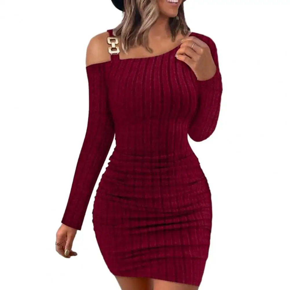 Women Fall Dress Knitted One Shoulder Skinny Elastic Oblique Neck Solid Tight Waist Anti-shrink Long Sleeve Mini Sheath Dress