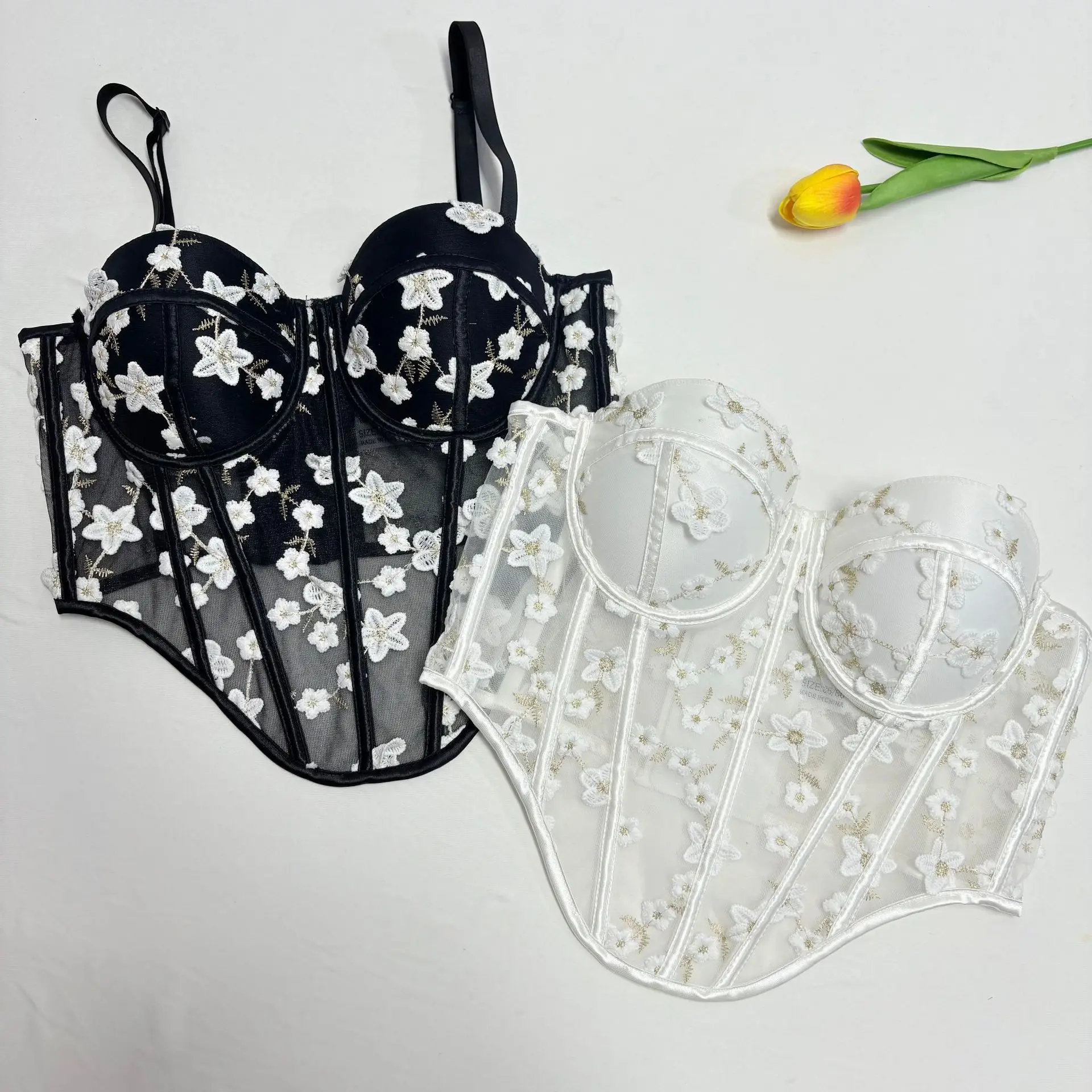 

Женский корсетный топ из прозрачной сетки с цветочной вышивкой, черно-белый бюстье с поддержкой на косточках, сексуальный укороченный топ в стиле Y2K для вечеринок