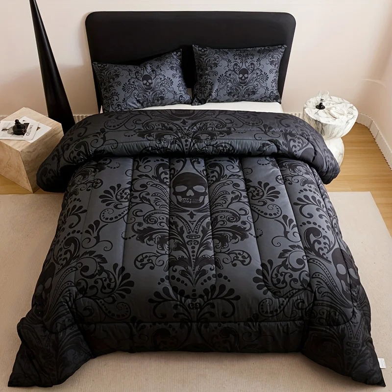 2D Flat 3pcs Black Grey Patterned Skull Thickened Quilt Set (1 Quilt + 2 Pillowcases, Pillow Inserts Not Included) Quilted Soft Breathable Suitable for Bedrooms, Dormitories Homes All Seasons Valentine'S Day Back-To-School Season Gift-Giving