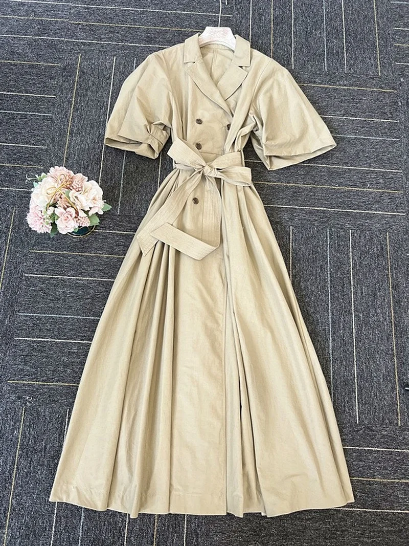 Kuzuwata Lapel Double Breasted Short Sleeve Bow Lace Up Slim Waist Trench Dress Japanese Vestidos 2024 Summer New Women Robes