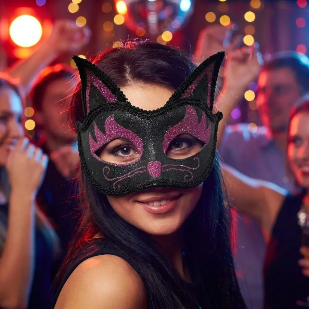 Vintage Glitter Cat Half Face Mask Funny Cosplay 3D Cat Texture Halloween Cat Party Eye Mask Adjustable Animal Design