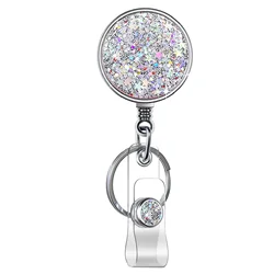 1Pc Round Glitter Sequins Badge Reel Retractable Badge Holder Nurse Doctor ID Card Holder Lanyard Pull Key Chain Office Supplies