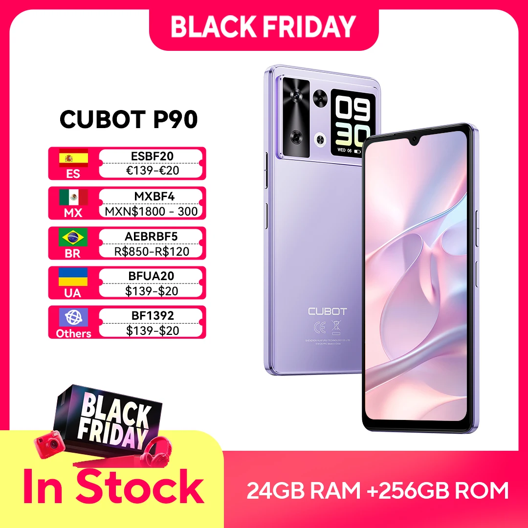 Smartphone Android 15 Cubot P90, 6.88-Inch 120Hz Screen, 24GB RAM+256GB ROM, G100 Octa-core, 2.2GHz, 64MP, 5100mAh,NFC, 4G Phone