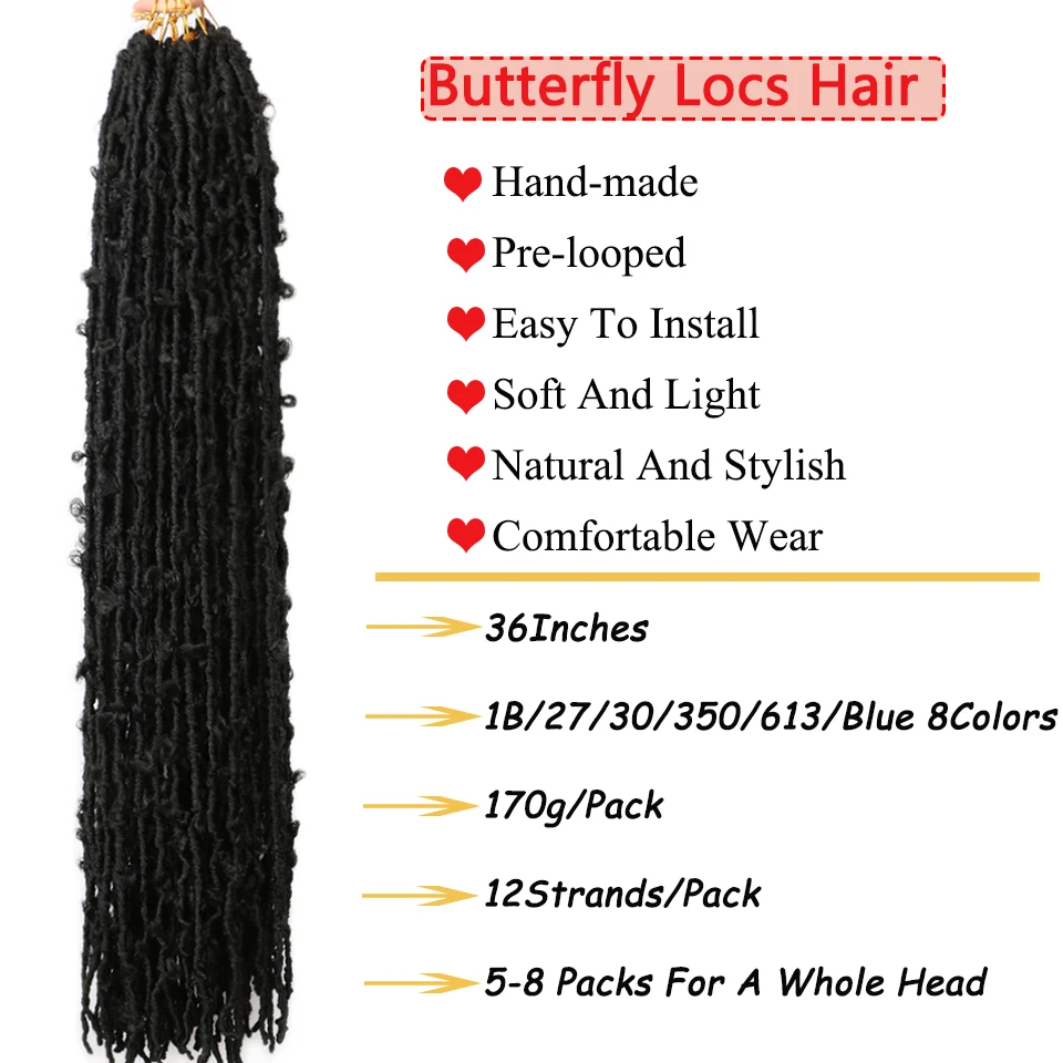 1-9 Packs Locks Extensions Butterfly Faux Locs Crochet Hair Pre Looped Distressed Soft Butterfly Locks Synthetic Braiding Hair