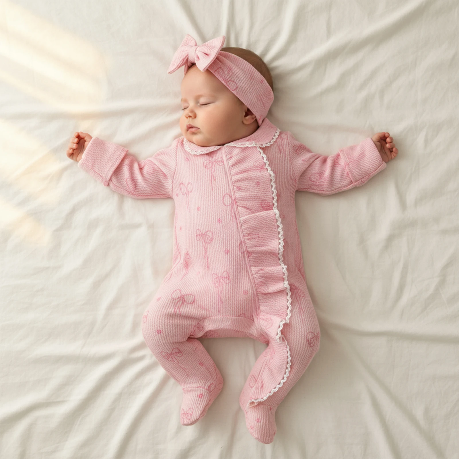 

Newborn Baby Girls Waffle Footies Romper Waffled Bow Print Long Sleeve Zip Up Footed Jumpsuit with Headband Sets