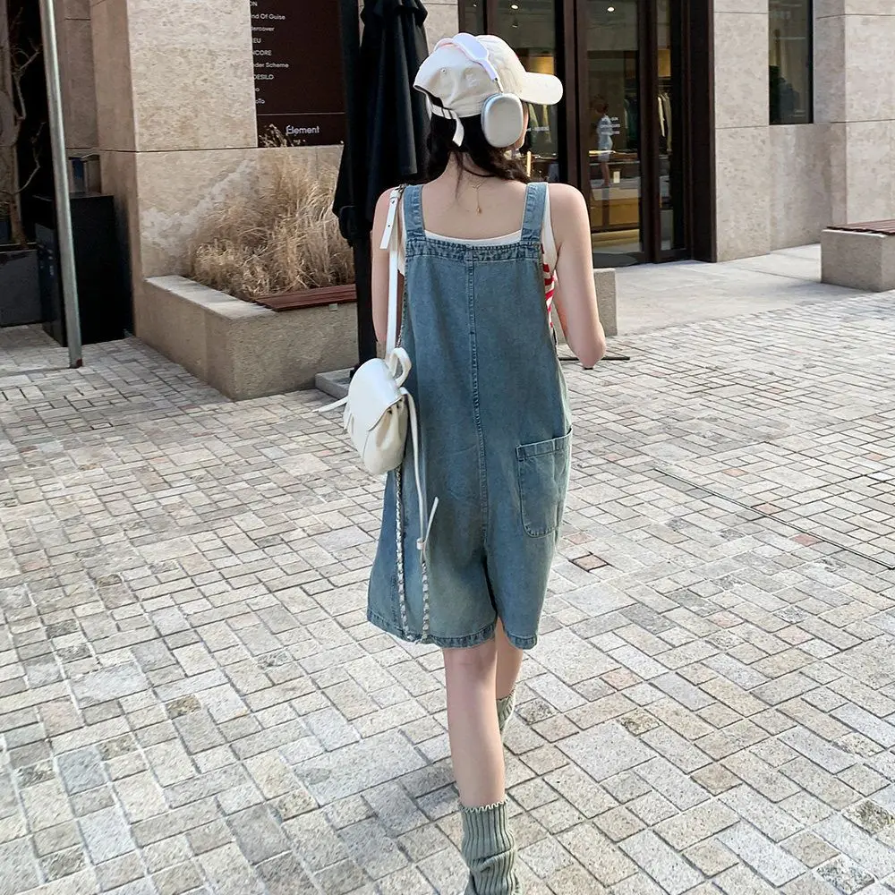 Milk Huhu Denim Bib Women's 2026 Summer Short New Female Korean Version Loose Ladies Leisure Harbor Wind High Waist Shorts.
